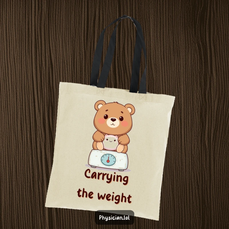 Funny bear vet tote bag, showing a proud bear weighing a patient, perfect for carrying supplies with heartwarming humor.