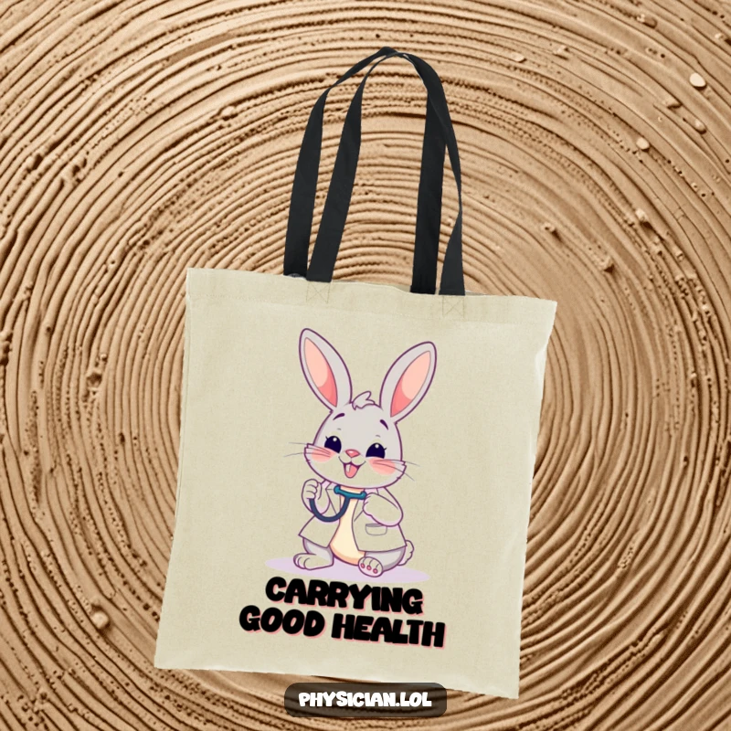 Funny tote bag featuring a cheerful bunny doctor attentively checking a patient with a stethoscope, perfect for carrying essentials humorously.