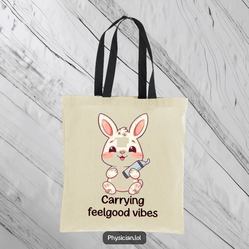 Funny bunny tote bag featuring a happy bunny holding a tiny syringe, a humorous accessory for healthcare professionals.