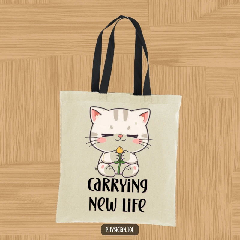 Funny tote bag showcasing a determined cat character bandaging a happy tiny sprout, perfect for carrying essentials with a humorous touch.