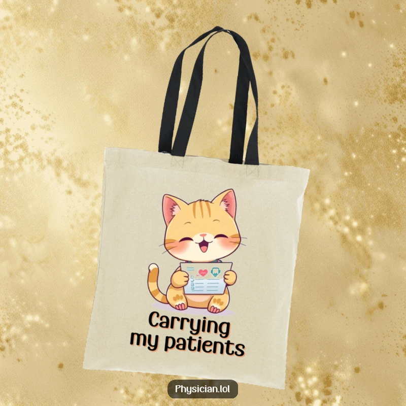 Funny tote bag featuring a beaming cat doctor intently reading a medical chart, perfect for carrying necessities with feline wisdom.