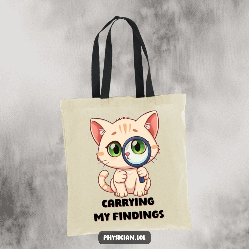 Funny Detective Cat Tote Bag showing a curious cat with wide eyes holding a magnifying glass, perfect for carrying treasures.