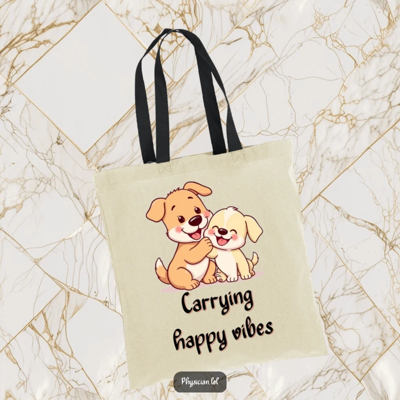 Funny dog giving a happy puppy a gentle pat, a cute and humorous tote bag for dog enthusiasts.
