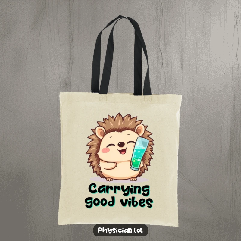 Funny tote bag featuring a giggling hedgehog nurse cheerfully administering a small shot, perfect for carrying items with brave humor.