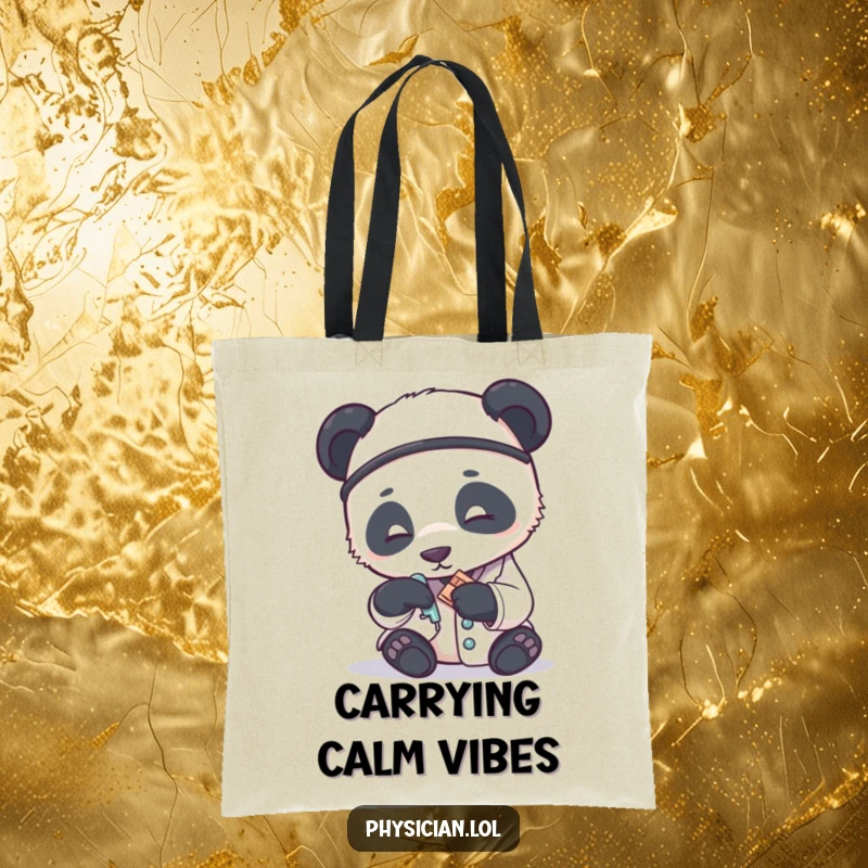 Funny tote bag featuring a panda doctor gently applying a tiny bandage, perfect for carrying essentials with a touch of humorous care.