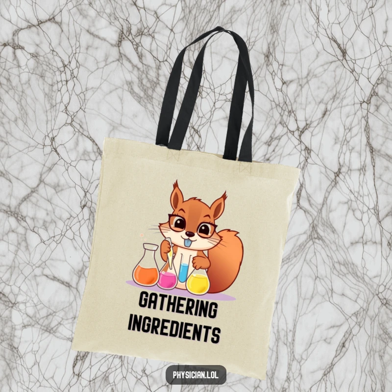 Funny determined squirrel scientist tote bag, a squirrel mixing chemicals in beakers, durable and humorous accessory.