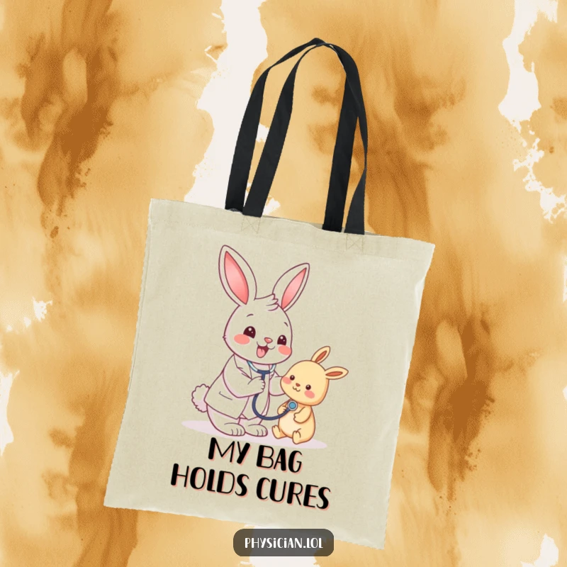 Funny bunny doctor with a stethoscope, smiling gently, great for carrying groceries or books, a tote bag bringing smiles.