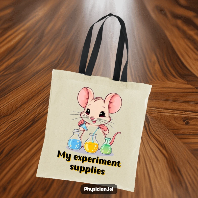 Funny mischievous mouse mixing chemicals in tiny beakers, depicted on a durable and functional tote bag.