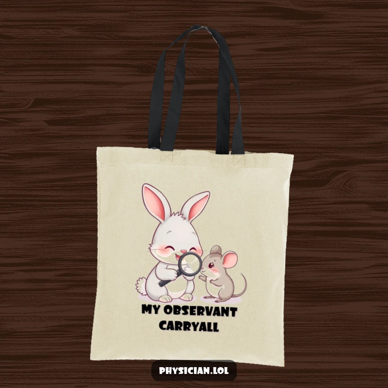 Funny rabbit doctor with magnifying glass examining a mouse, a cute and humorous tote bag for daily use.