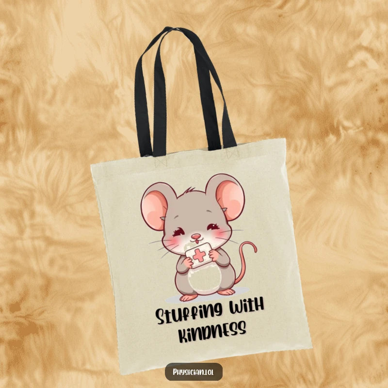 Funny shy mouse tote bag, carrying shopping, offering a small bandage, symbol of care and kindness.
